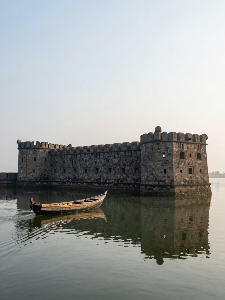 Panoramic morning frame, Murud Janjira fort viewed from Rajpuri jetty, stone towers and round bastions reflected faintly in still water, a wooden rowing boat in the lower left quarter heading toward the fort, overcast soft light, horizon low, generous sky, no visible tourists