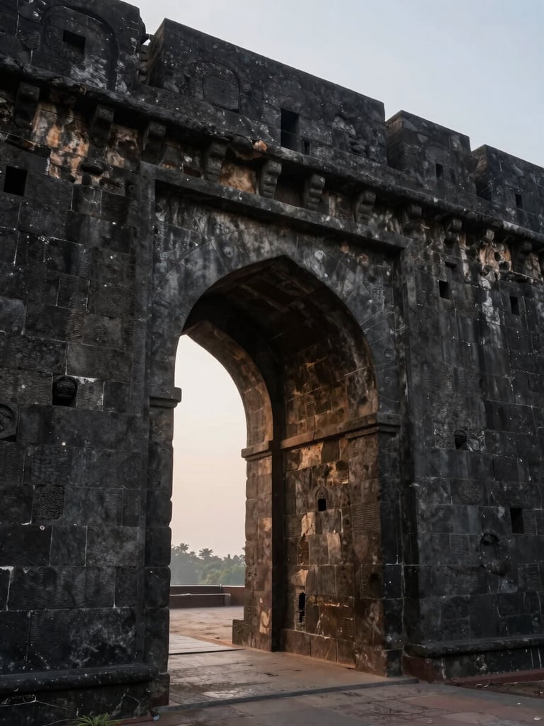 Close architectural detail of Murud Janjira Fort's massive arched gateway carved in dark basalt stone, viewed from inside the fort courtyard at 8am, diffuse overcast light revealing texture in the stonework, no people in frame, wide environmental shot showing the gate's full height against a pale sky