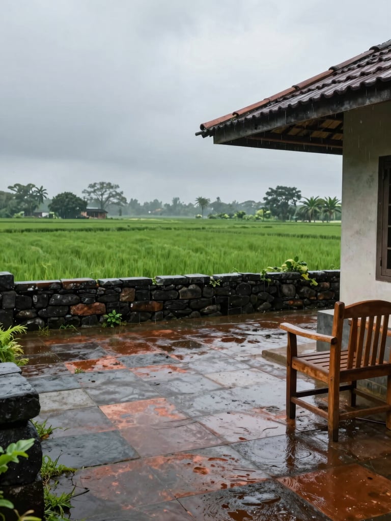 Wide shot of a Karjat farmhouse open courtyard in monsoon season, lush green paddy fields visible beyond a low stone boundary wall, overcast sky, wet laterite stone underfoot, wooden chairs under a tiled overhang, no people