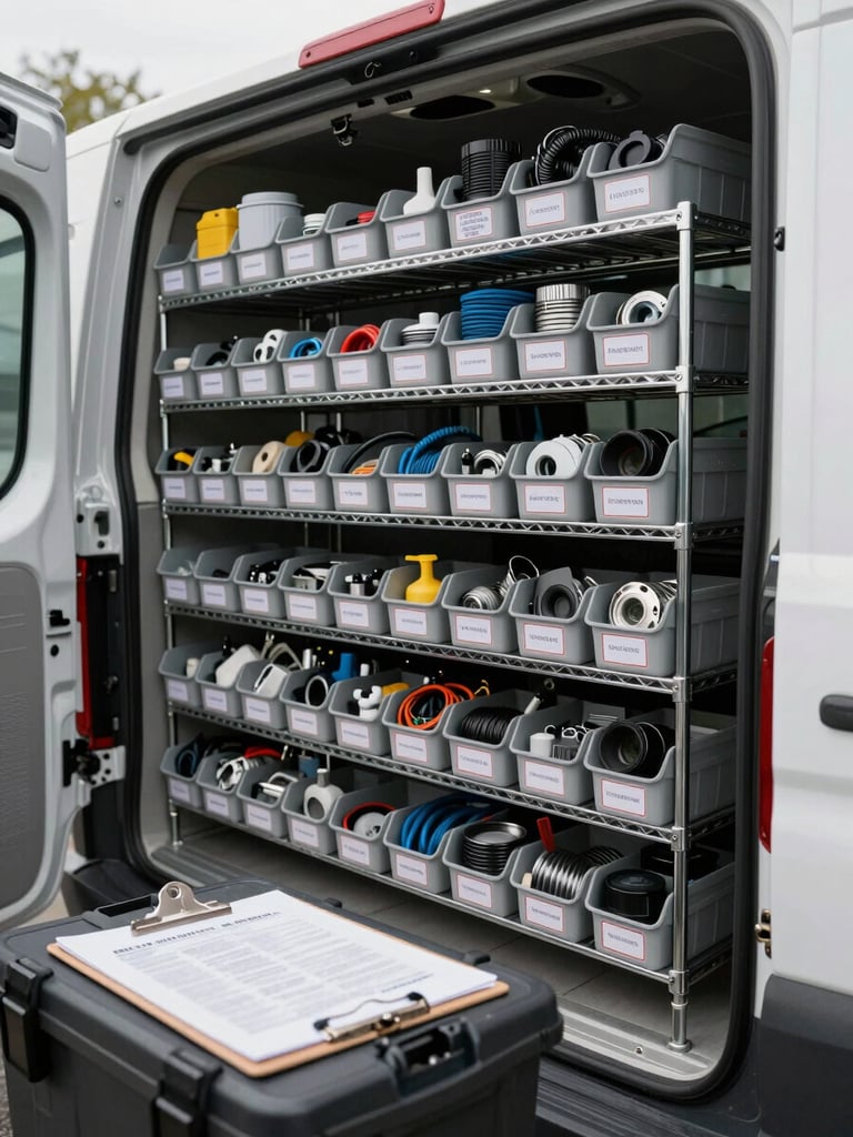 Detail shot inside a well-organized service van, rows of labeled parts bins and coiled hose on metal shelving, natural overcast light through the open rear doors, a clipboard resting on a toolbox in the foreground