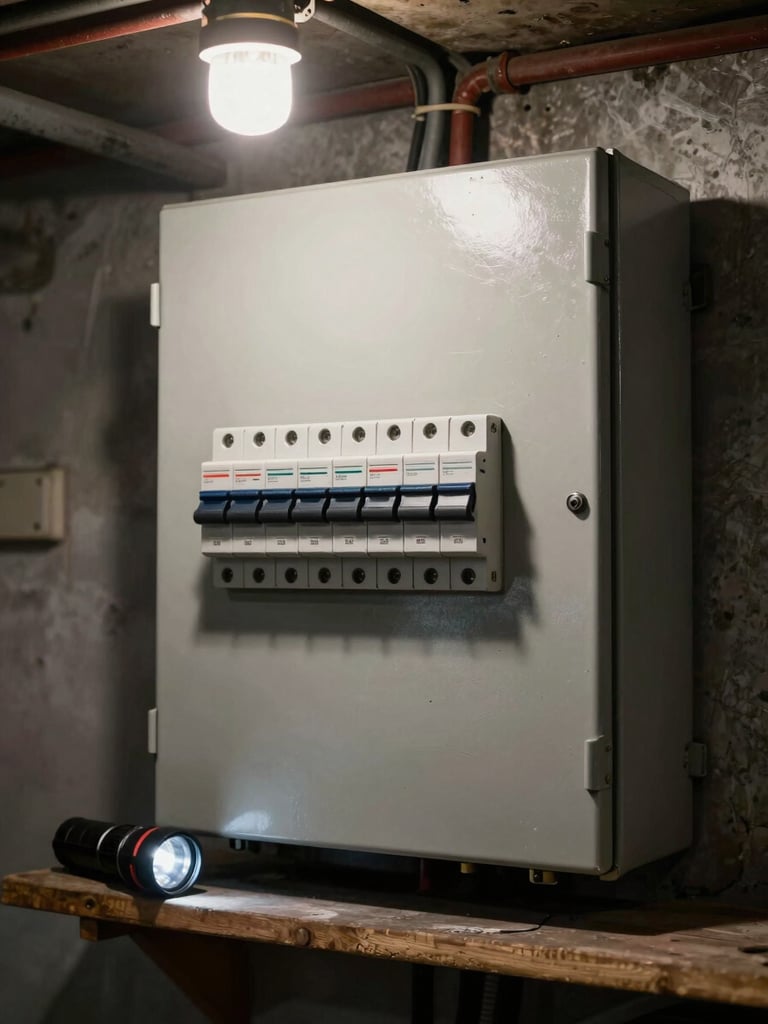 A freshly repaired electrical panel mounted on a basement wall, breakers neatly labeled, a flashlight resting on a nearby shelf, soft ambient light from a single overhead bulb