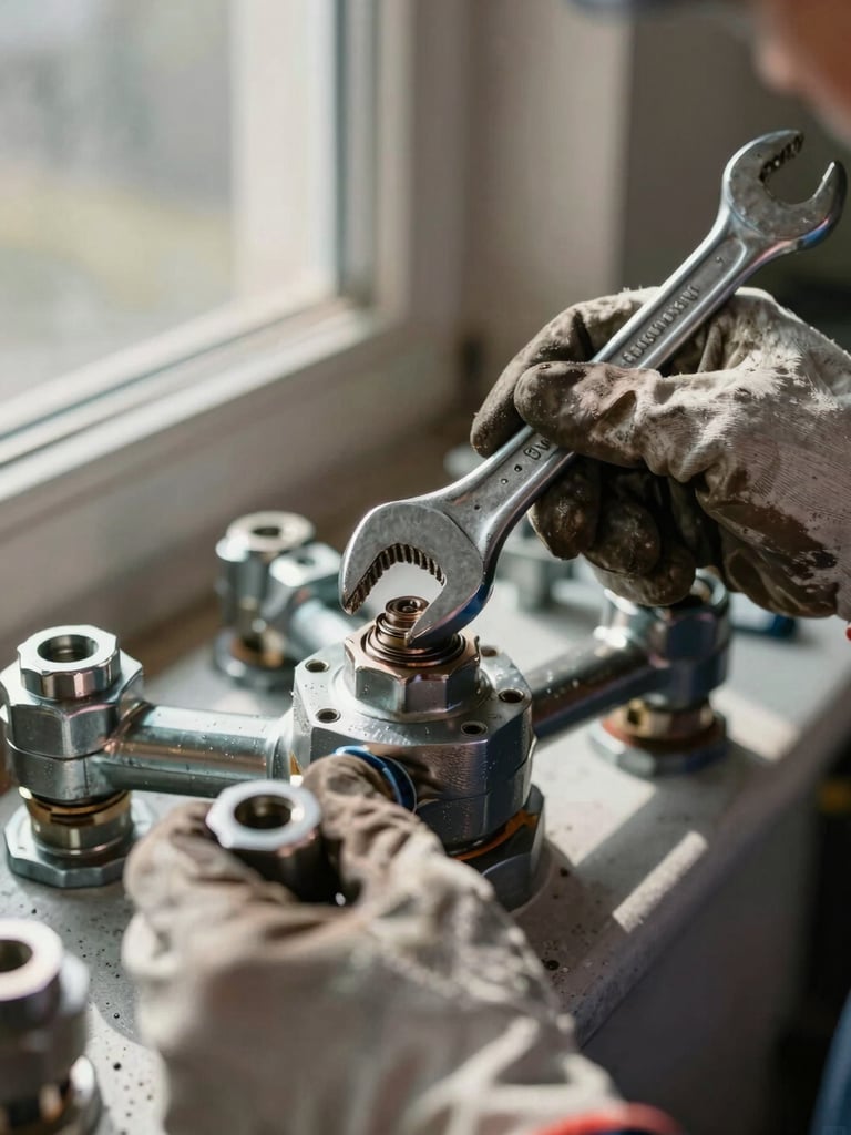 Close-up of a technician's hands tightening a furnace fitting with a wrench, natural window light casting soft shadows across the metal components, worn work gloves visible