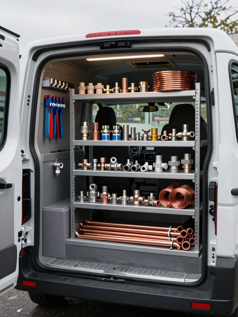 Interior of a well-organized service van, shelves of common plumbing fittings and copper pipe sections, overcast daylight through the open rear doors, tools clipped in order