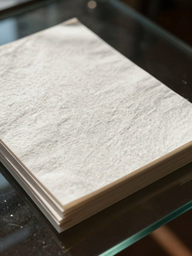 Macro close-up of heavy-weight cotton paper documents stacked on a glass desk, high-contrast direct sunlight creating sharp geometric shadows.