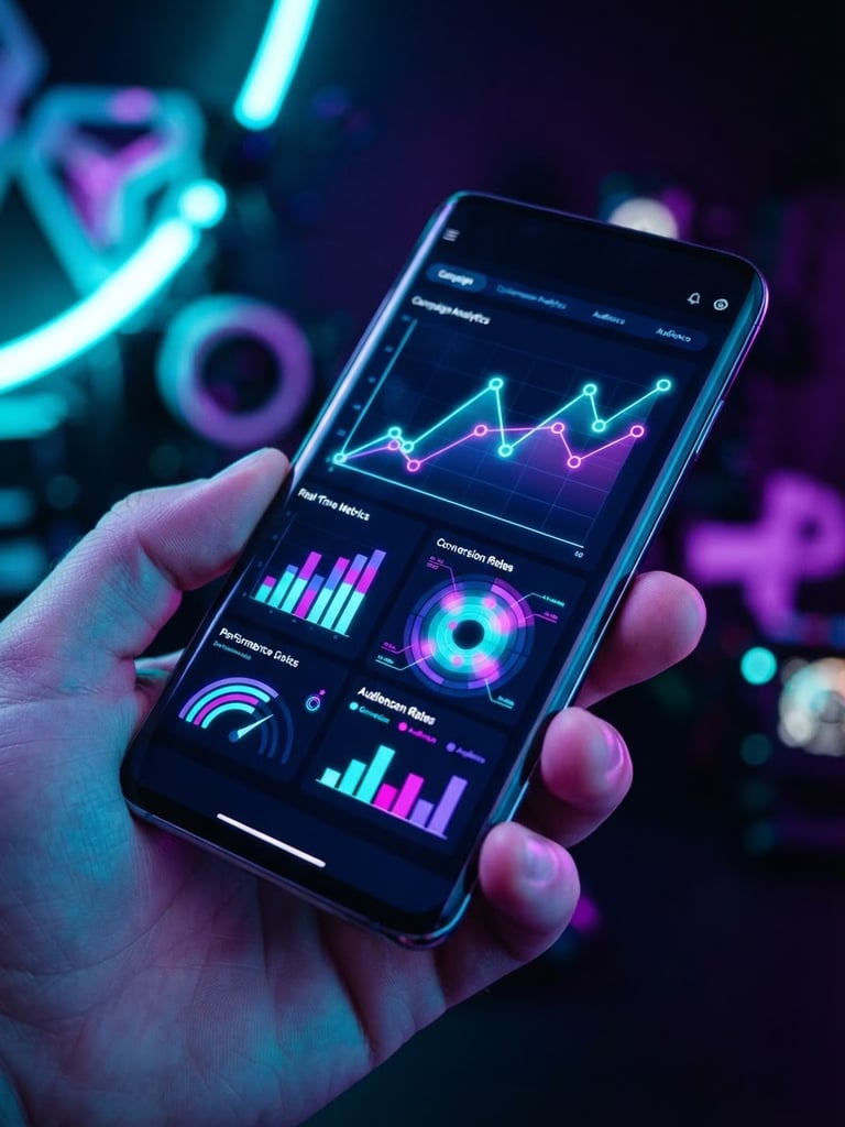 Close-up of a mobile screen displaying campaign analytics and conversion graphs, illuminated by neon cyan and deep purple studio lights, sharp focus.