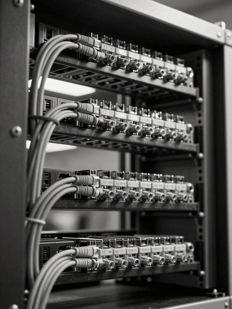 Close-up overhead shot of structured cable routing inside a wall-mounted AV rack, neatly bundled ethernet and HDMI cables zip-tied in parallel rows, task lighting from below, black and white technical documentary style