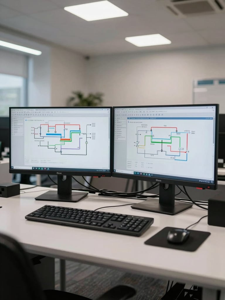 Wide environmental shot of a dual-monitor workstation in a bright open-plan office, screens showing data pipelines and chart outputs, clean overhead light, no people visible, cables and peripherals in natural working disorder