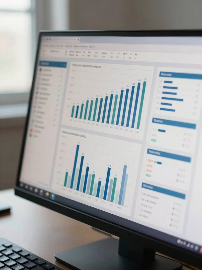 Close-up overhead shot of a monitor displaying a dense BI dashboard with bar charts and KPI tiles, clean daylight from a left window, keyboard edge visible at bottom of frame