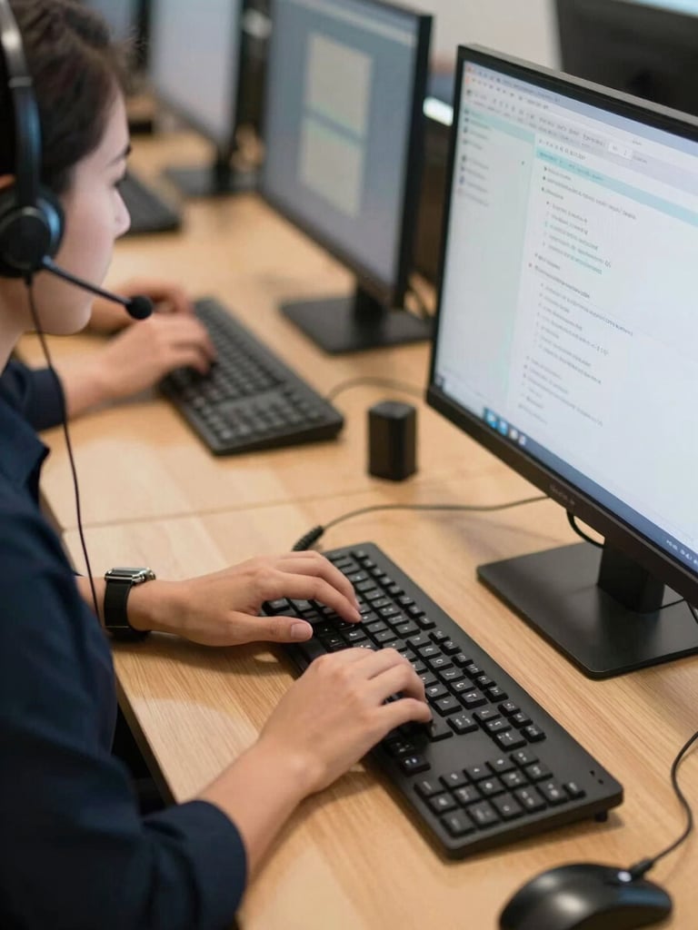 Waist-up close view of a call center agent at a workstation, hands on keyboard with a dialer interface visible on the monitor screen, headset on, warm desk-level tungsten light illuminating the screen and hands, a second agent partially visible at an adjacent station in the background, environmental detail of the operational floor visible behind