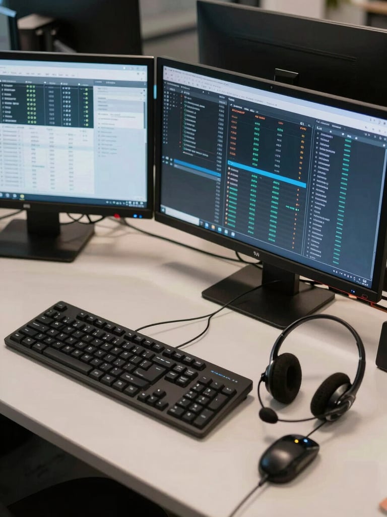 Close overhead shot of a call center workstation, dual monitors displaying call queue dashboards and live metrics data, a headset resting beside a keyboard, crisp overhead office lighting, organized and focused — no people visible, pure operational infrastructure