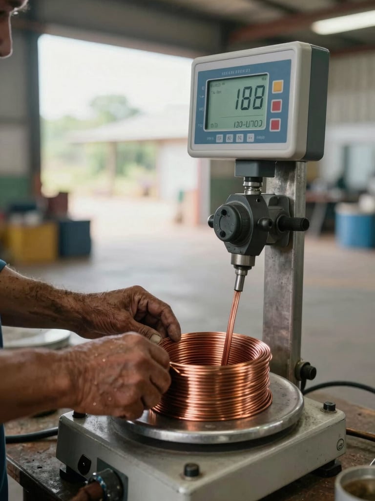 Close-up documentary shot of weathered hands operating a calibrated industrial weighing scale loaded with copper wire, natural daylight from an open warehouse bay, the digital display in sharp focus showing a weight reading, scrap material blurred in background