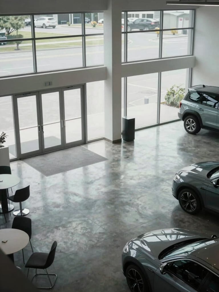 A high-angle architectural shot of a modern, clean dealership showroom, polished concrete floors reflecting overcast daylight through massive glass windows, minimalist aesthetic.