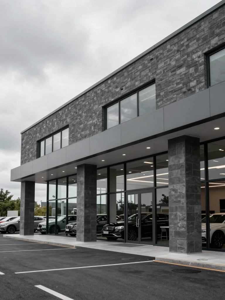Architectural wide-angle of a modern, clean dealership facility under overcast daylight, sharp lines, slate gray accents, negative space on the left.