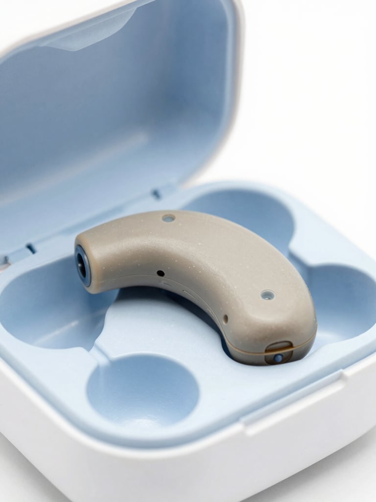 Macro close-up of a digital hearing aid resting in its magnetic charging case, bright high-key studio lighting, soft blue and white tones, sharp macro focus, 85mm