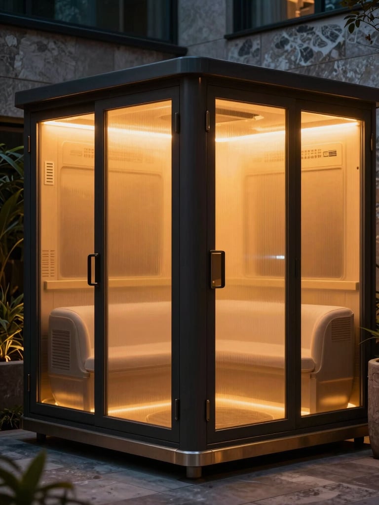 Close architectural shot of the THERMOPRO thermal wellness pod in a luxury resort setting at night, warm amber light bleeding through frosted glass panels, brushed gold ventilation detailing visible on the dark exterior shell, cool stone surroundings contrasting the warm pod glow, backlighting creating a dramatic silhouette, no people