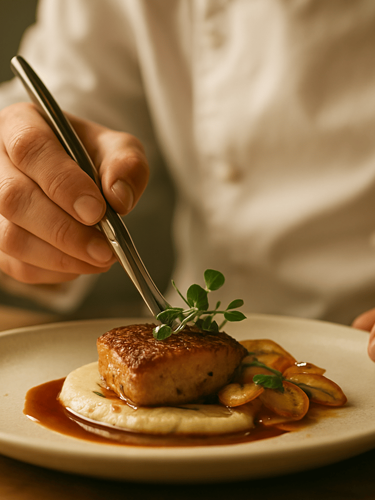 Close-up of a professional chef artfully plating a gourmet dish with microgreens using tweezers, soft warm kitchen light, shallow depth of field