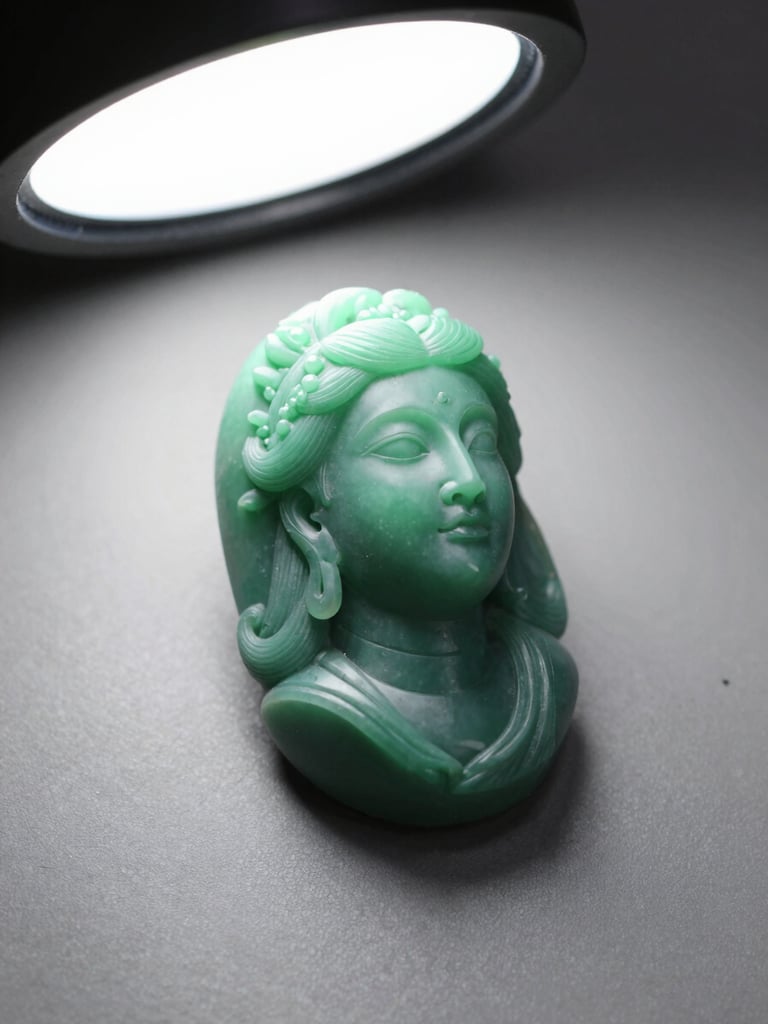 Three-quarter view of a carved green jewellery wax model on a neutral matte grey surface, cool overhead studio strobe lighting, crisp shadow on one side revealing the three-dimensional form, no hands or tools in frame