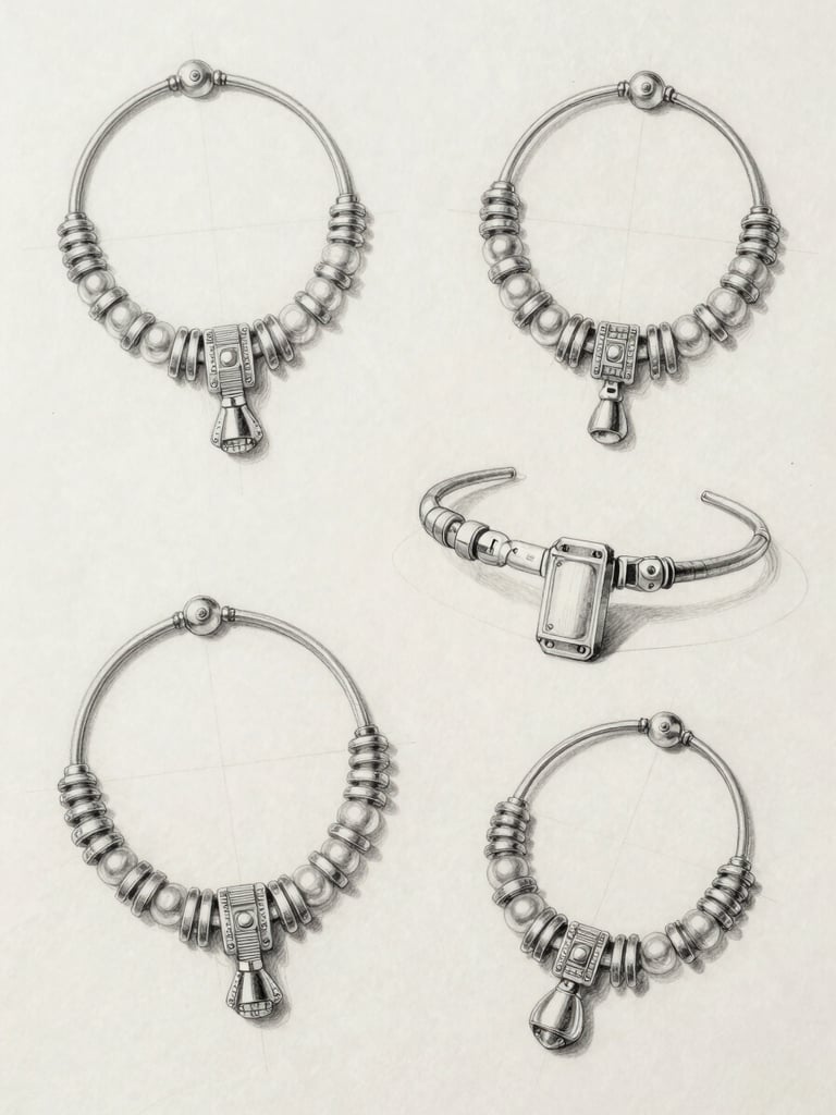 Flat-lay overhead shot of hand-drawn jewellery sketches on off-white drafting paper, multiple pencil iterations visible, cool studio daylight from above, fine graphite lines showing profile views and cross-sections, no hands visible