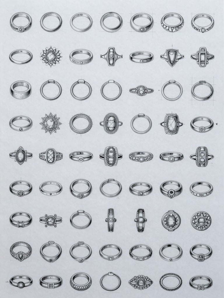 Overhead flat-lay of a dense sheet of jewellery technical drawings on white cartridge paper, multiple ring profiles and stone-setting cross-sections arranged in rows, fine pencil lines with annotation marks, cool even studio daylight from above, no shadows, straight-down camera angle filling the entire frame