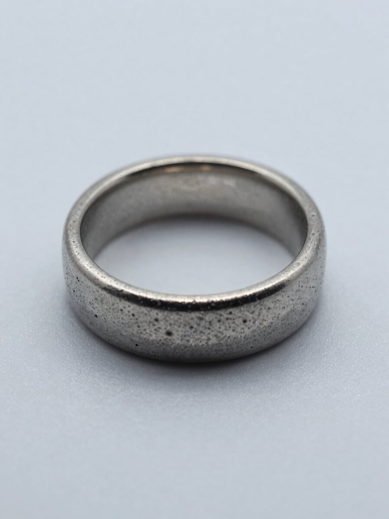 Straight-on close-up of a finished cast metal ring on a flat matte surface, cool even studio daylight, shadowless white context, precise metal grain and edge detail visible, no hands or props