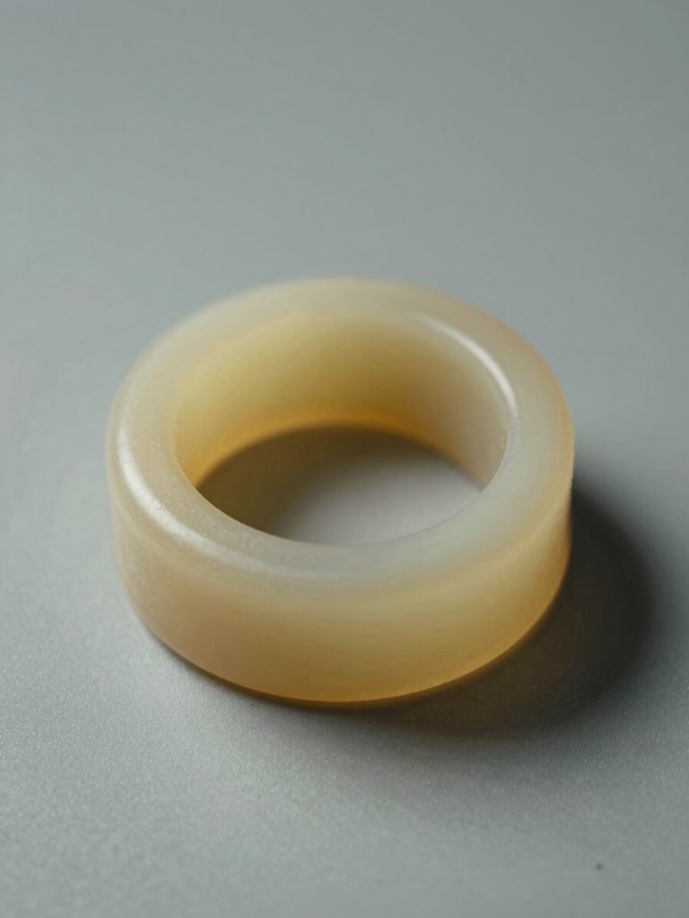 Extreme close-up 3/4 view of a wax ring model on a flat neutral surface, cool studio daylight from above, crisp shadow detail revealing the form and wall thickness, no hands, no tools in frame