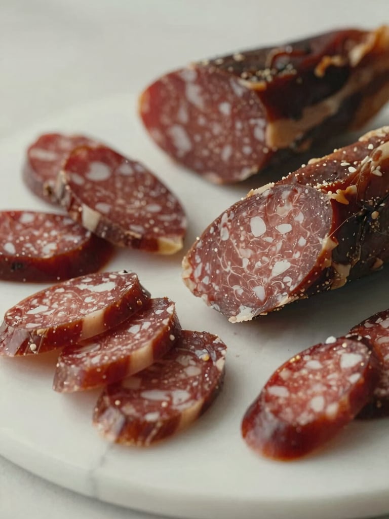 Close-up portrait of cured meats arranged on white marble — sliced fuet, lomo, and chorizo in a quiet still-life composition, soft diffused north-facing light, no hands, no garnish, muted warm tones