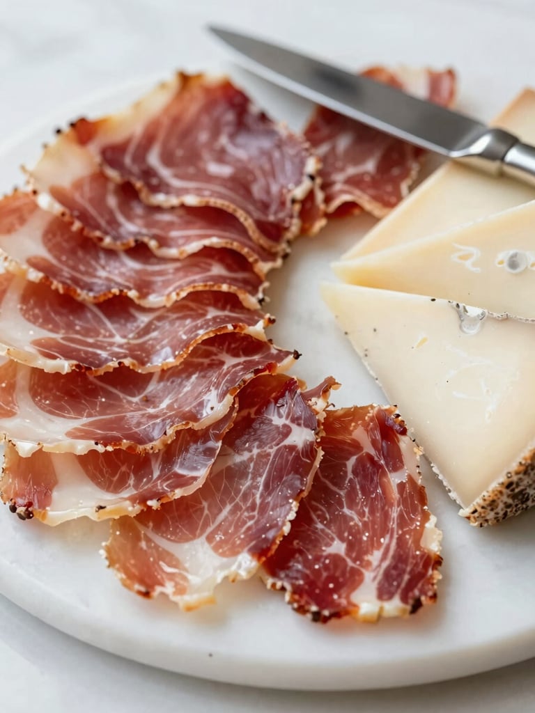 Extreme close-up of a charcuterie board on white marble, thinly sliced jamón ibérico fanned alongside wedges of aged cheese and a small knife, soft diffused north-facing daylight, no garnish, no decoration, product at rest