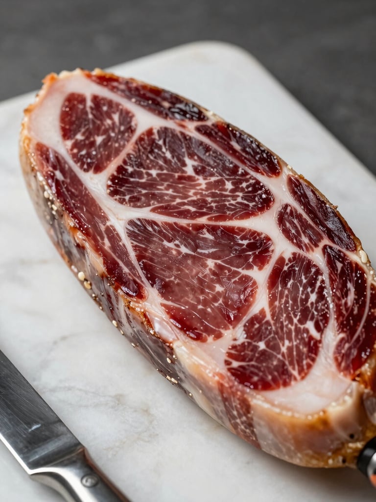 Extreme close-up of a jamón ibérico cross-section on white marble, deep burgundy and ivory marbling visible in sharp detail, single shaft of north-facing diffused daylight from the left, knife resting at the edge of frame, no hands, no garnish