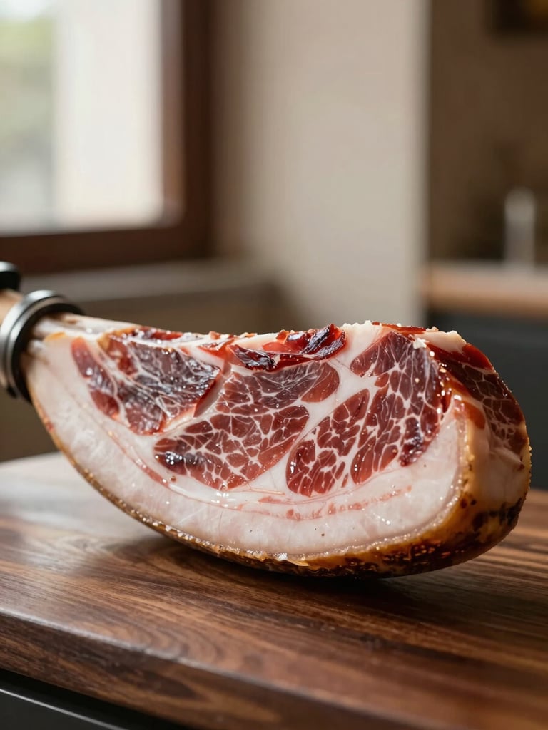 Extreme close-up of a jamón ibérico cross-section resting on a dark walnut counter, visible marbling of acorn-fed fat, knife blade at the edge of the frame, soft diffused north-facing daylight, no people, muted warm tones