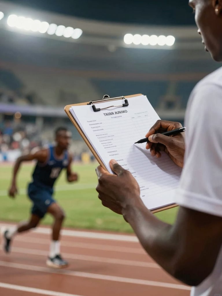 Close-up broadcast-lit shot of a scout holding a clipboard on the sideline of an indoor African arena, a player in mid-dribble penetration blurred in the foreground, strong overhead stadium lighting, shallow depth of field emphasizing the clipboard and evaluation notes