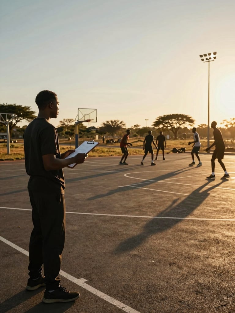 Cinematic wide frame, sideline view of an outdoor African basketball court at golden hour, a scout holding a clipboard in the left foreground, players mid-drill visible in the background under warm overhead flood lighting, strong contrast between deep shadow and gold-toned court surface