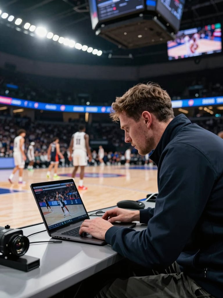 Wide cinematic courtside view, a scout in a dark jacket leaning over a laptop reviewing player footage at the scorer's table, stadium broadcast lights overhead, blurred athletic figures on the court behind, shallow depth of field, high-contrast sports photography