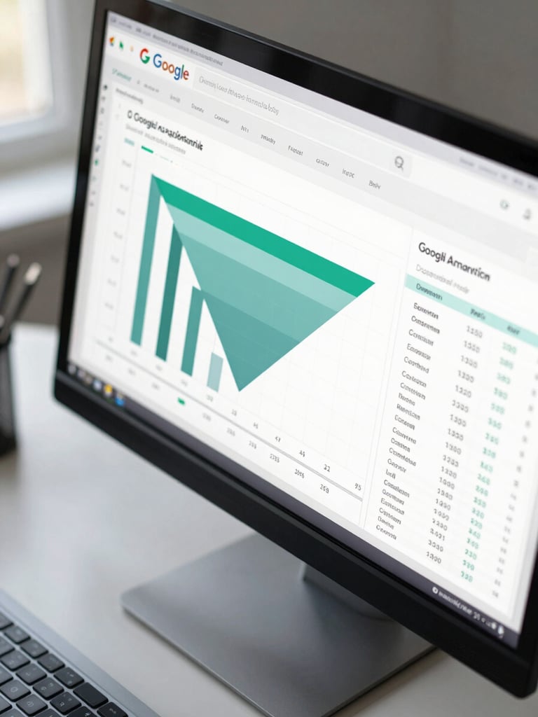 Close-up overhead view of a work-in-progress analytics report on a monitor — Google Analytics acquisition funnel columns, session data, and conversion events highlighted in muted teal — on a clean desk with a trackpad partially in frame, soft overcast daylight from the left