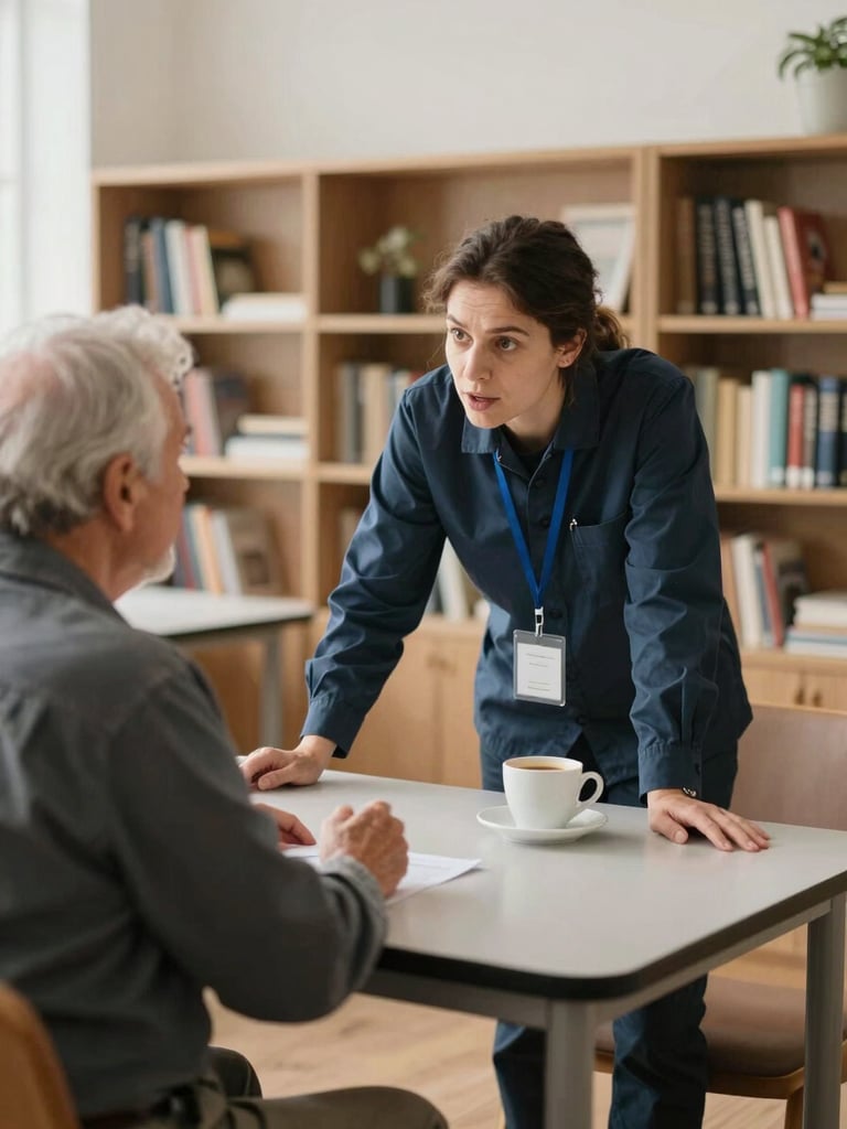 Wide documentary shot of a staff member and an elderly resident at a small table in a common room, staff leaning in mid-sentence, resident gesturing with one hand as if making a point, natural north-facing light, cups of coffee on the table, bookshelves softly out of focus behind them, genuine and unposed