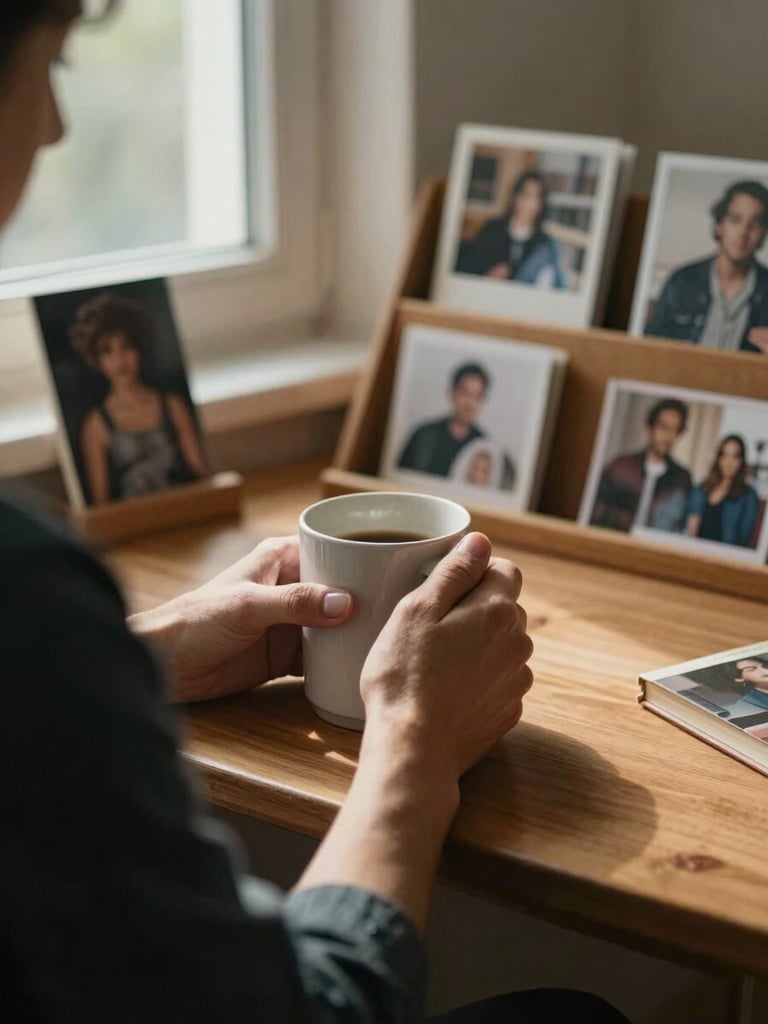 Close environmental shot of a resident at a small wooden desk near a window, hands wrapped around a mug, personal photographs and a well-worn novel visible on the shelf behind them, warm indirect morning light, unhurried and quiet