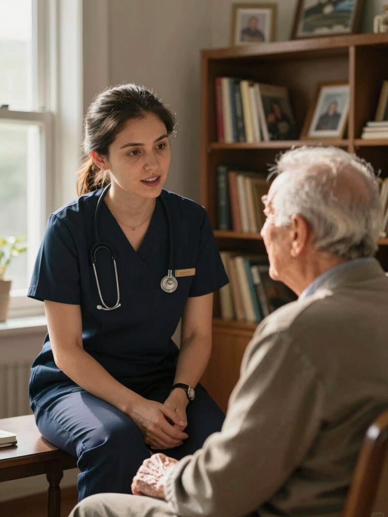 Close view from the left edge, natural window light falling across a staff member mid-conversation with a seated elderly resident in a warmly furnished room, personal books and framed photos visible on shelves behind them, late afternoon glow