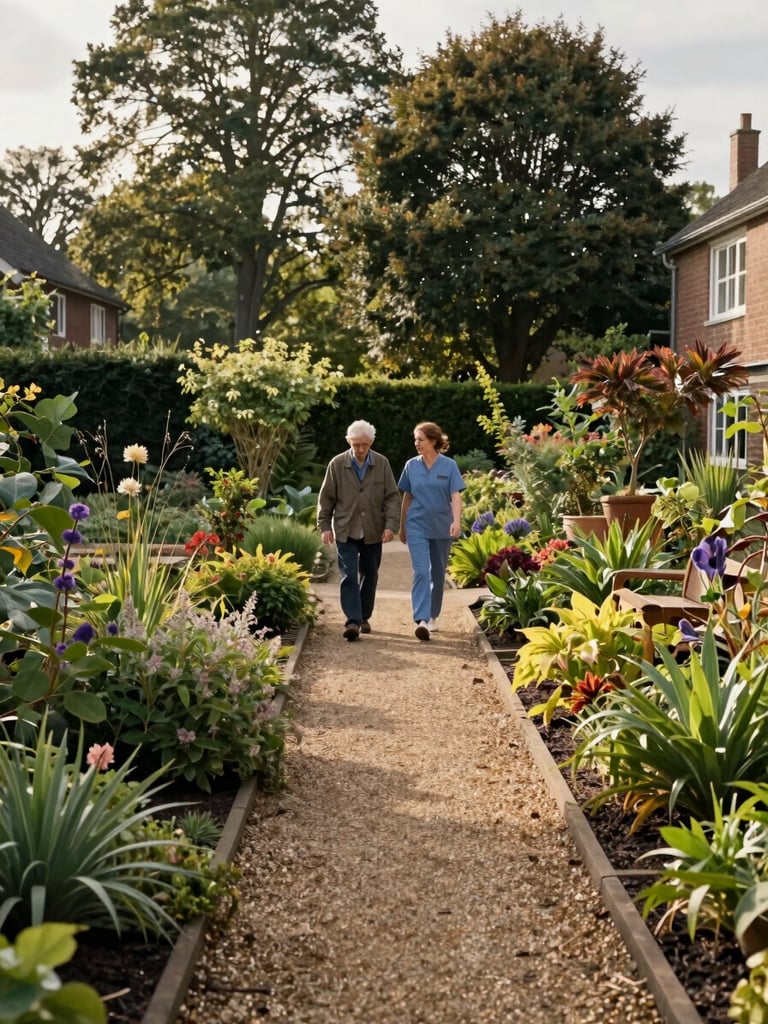 Wide view of a residential care home garden in soft morning light, a resident and staff member walking a gravel path between established plantings, seen from a slight distance, warm natural daylight filtering through mature trees
