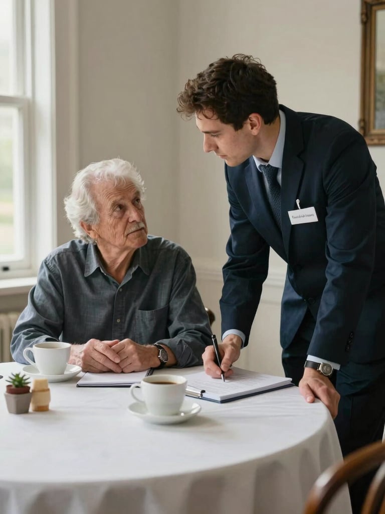 Close environmental shot of an adult son and an elderly resident seated at a round dining table at Hawthorn House, a staff member leaning in mid-conversation, coffee cups and a notebook on the table, indirect natural light from a window at the left edge