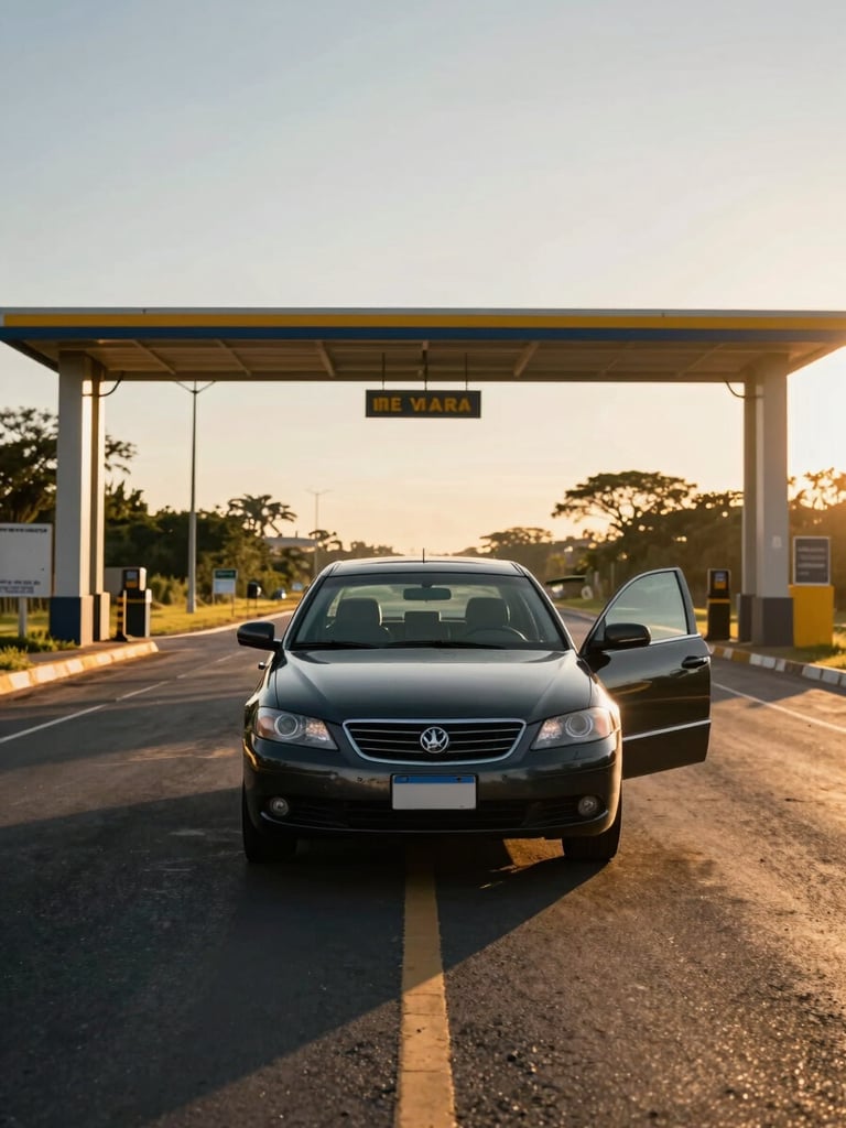Wide environmental shot, golden dawn light — a dark executive sedan parked squarely before a customs border gate on the Argentina-Brazil crossing, driver's door slightly open, road signs visible in the background, low warm sun casting long shadows across the asphalt