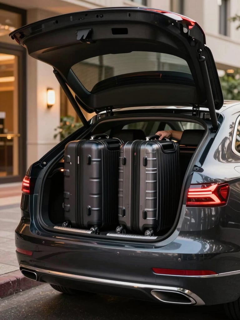 Medium shot at dusk — two large travel suitcases being loaded into the wide open trunk of a dark executive sedan parked at a hotel entrance, driver's hands visible gripping the luggage, warm amber streetlight catching the car's bodywork