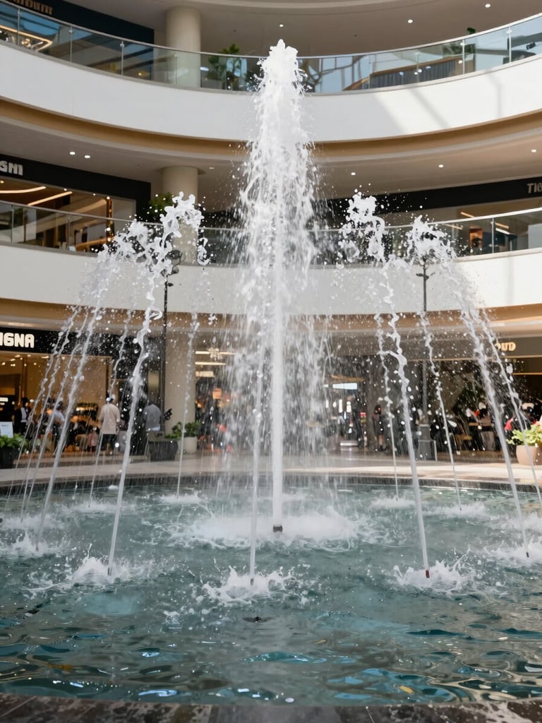 Wide environmental shot from ground level looking across a large musical fountain installation inside a modern Indonesian mall atrium, jets of water arching mid-air under natural skylight flooding the space, surrounding retail facades and upper-level balconies visible in background, midday natural light, no people