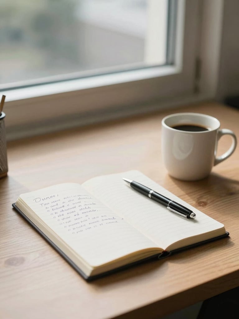 Wide environmental shot of an organized office desk in natural window light, a notepad open with handwritten notes, a pen resting beside it, a coffee mug slightly off to the right, no people, calm and structured