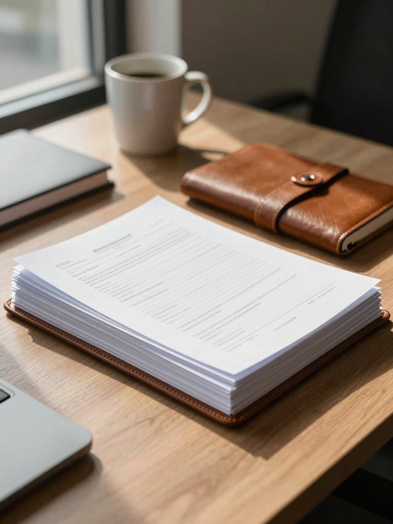 Wide environmental shot of an organized office desk in Brampton, a leather notebook open beside a neatly stacked set of printed documents, natural window light falling across the surface from the left, a coffee mug in the background out of focus, no people visible