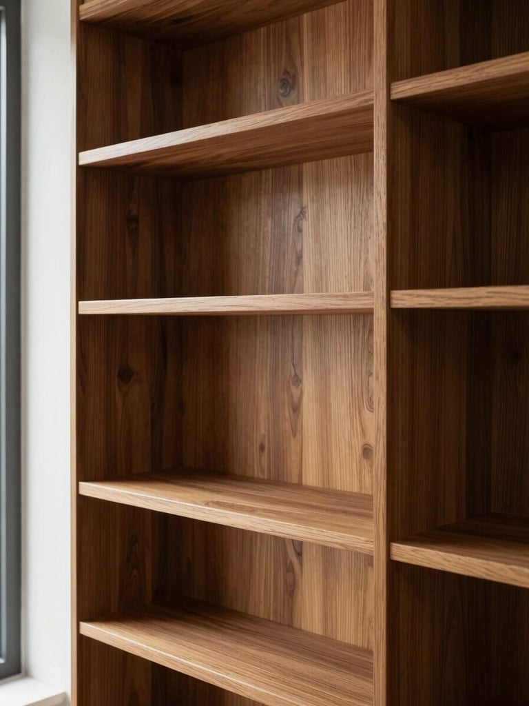 Close environmental shot of a built-in cherry bookshelf filling an alcove, hand-fitted adjustable shelves with routed edge profiles, north-facing window light grazing the face grain and casting fine shadow lines across the shelf edges, full-room context showing the unit as integral to the wall architecture