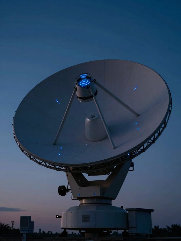 High-tech satellite transmission dish pointing towards the sky at dusk, electric blue signal indicators, deep charcoal shadows, cinematic photography