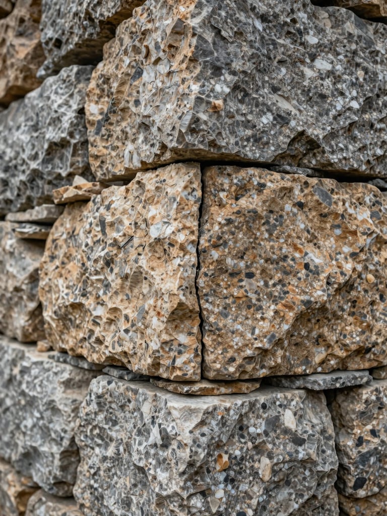 Extreme close-up of a dry-stack stone structural joint in a mountain building wall, north-facing overcast light revealing the precise fit of weathered granite blocks, fine mortar lines and surface texture in sharp focus, warm taupe and ochre tones against cool grey stone, no human presence