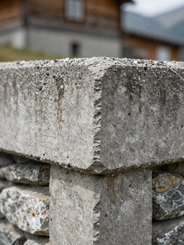 Extreme close-up of weathered reinforced concrete corner joint with visible aggregate texture and moisture staining, north-facing diffused alpine daylight, shallow depth of field isolating the structural detail against a blurred stone-and-timber wall