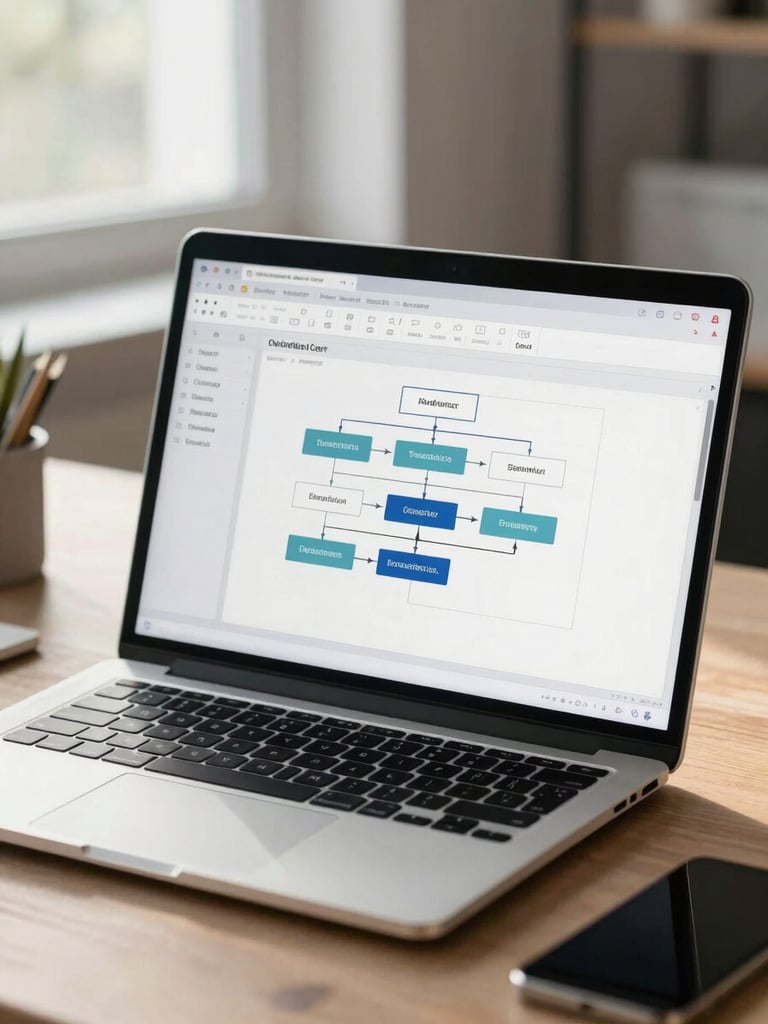 A clean architectural workspace with a laptop displaying a structured database schema and automated workflow diagrams, cool natural daylight.