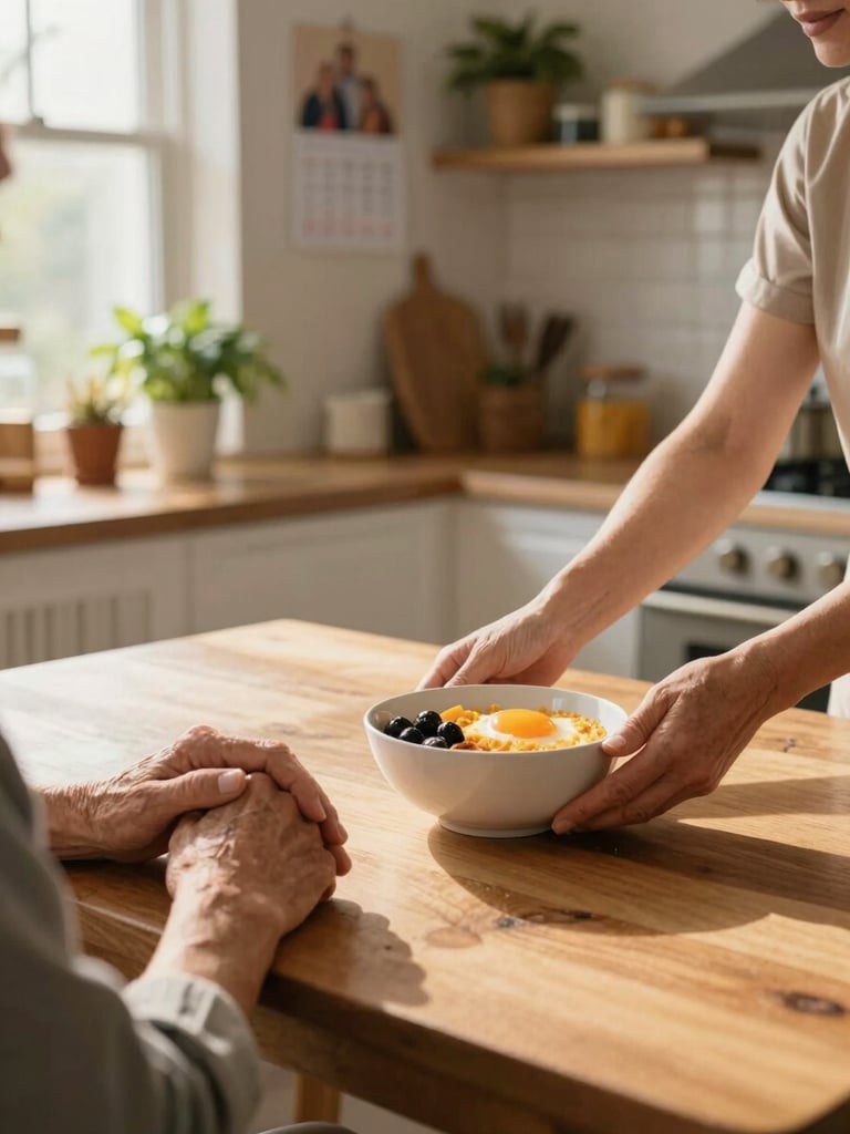Close wide-angle view of a bright home kitchen, a caregiver's hands placing a warm breakfast bowl on a wooden table beside an elderly person's folded hands, golden morning light from a window to the left, the kitchen's personal decor — potted herbs, a family calendar — visible in the soft background