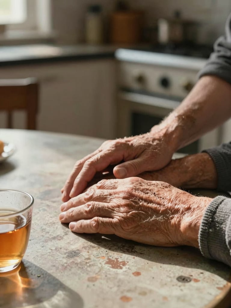 Close-up of a caregiver's hands and an elderly person's hands resting together on a worn kitchen table, morning window light falling across them, a half-finished cup of tea visible at the edge of frame, warm home interior out of focus behind